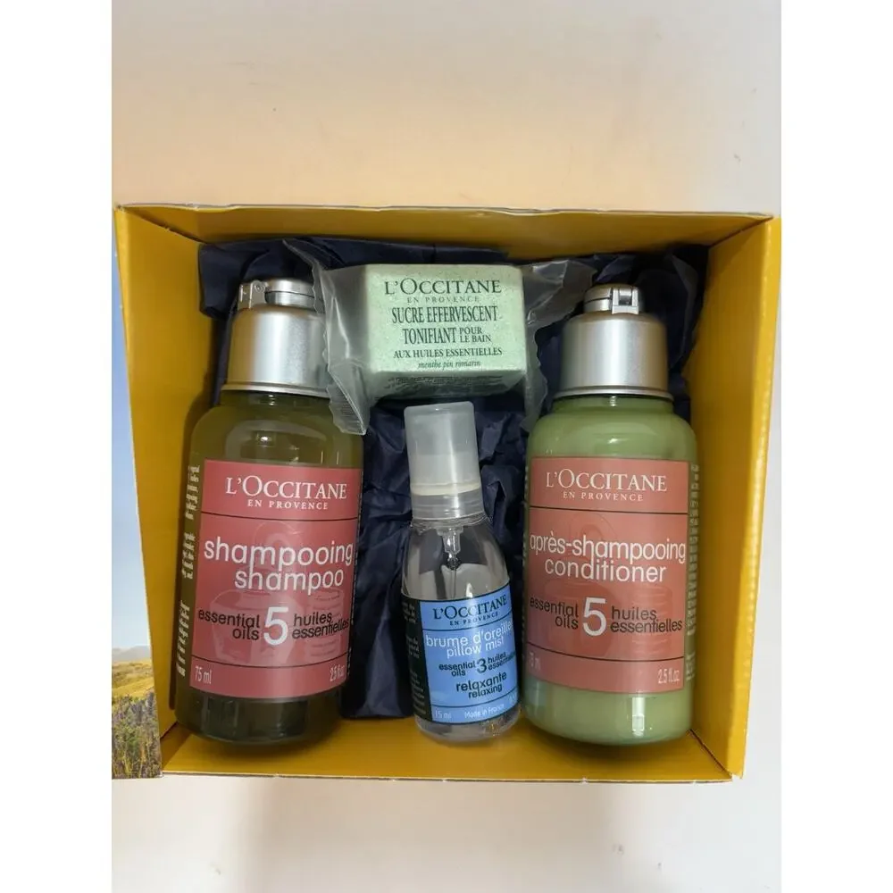 L'OCCITANE 5 OILS 4 Pc Bath Set Shampoo Conditioner Pillow Mist Sucre Gift‎ Box